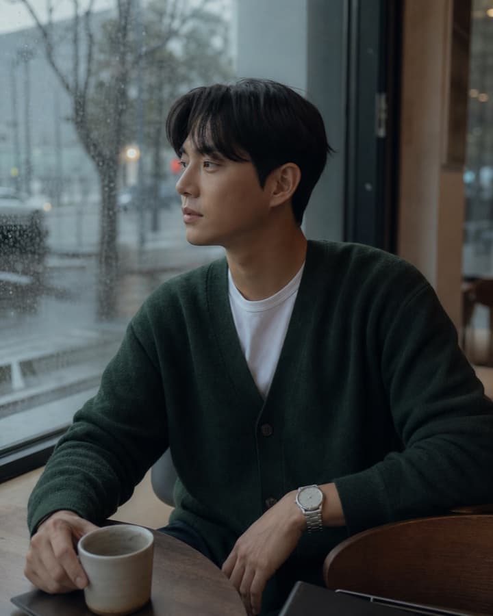 Man in a green cardigan wearing a silver watch