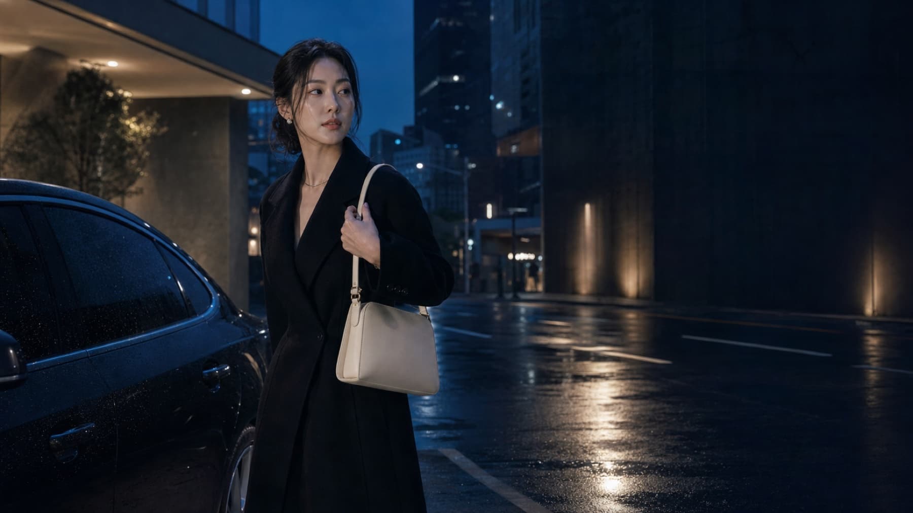 A woman carrying an ivory shoulder bag on a rainy Seoul night