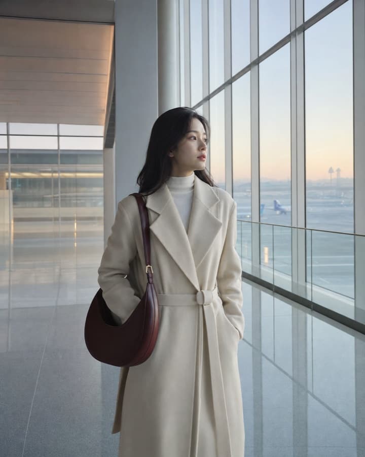 Woman in a cream coat carrying a burgundy crescent bag